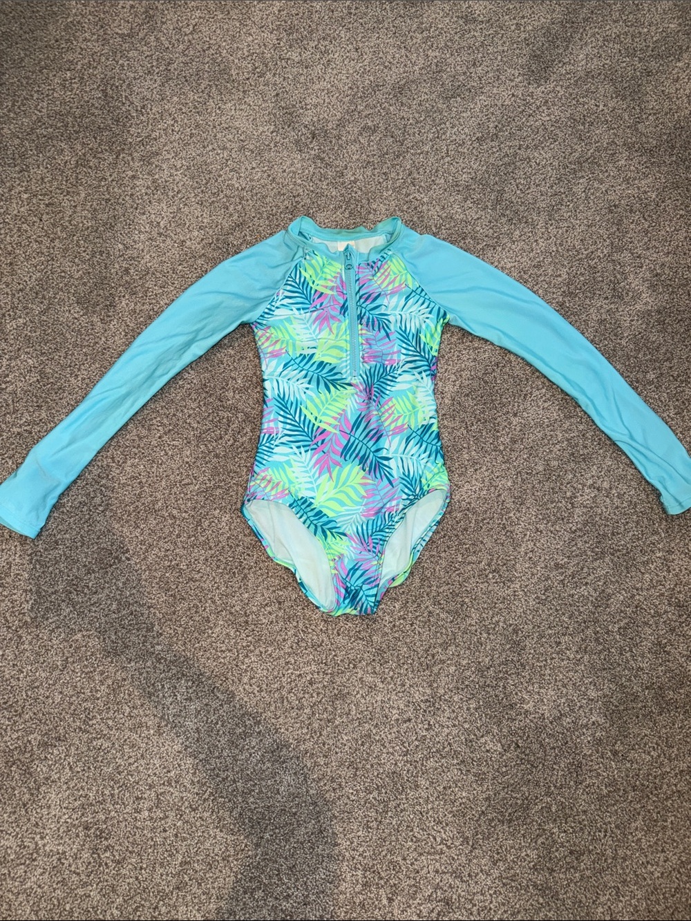 Blue Purple Green Tropical Zip Up Sleeved Swimsuit Medium Girls Size 8